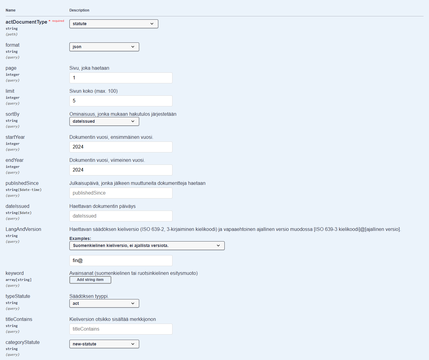 Säädösten listauksen parametrit